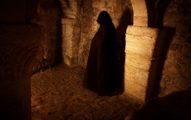 A ghostly shadow lingering in the real medieval crypt of the Oxford Castle Prison, for Spooky Tours