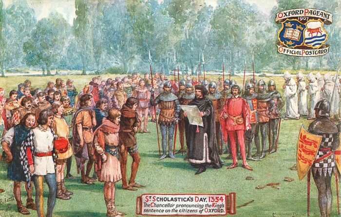 Depiction of the chancellor pronouncing the King intervention and the sentence on the townspeople of Oxford. 