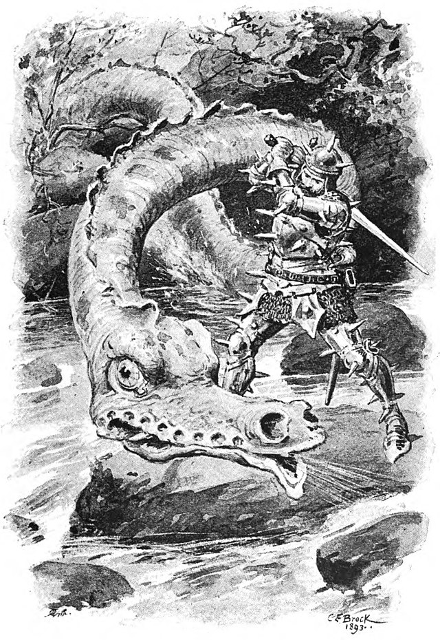 A knight prepared to kill a dragon with a sword. The dragon resembles a scary worm. 