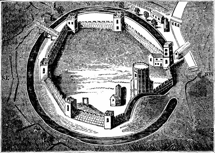 Oxford Castle in the 16th-century. Engraving after detail on the earliest map of Oxford by Ralph Agas, 1578 published in The Mirror of Literature, Amusement, and Instruction, Vol. 12, No. 328, August 23, 1828