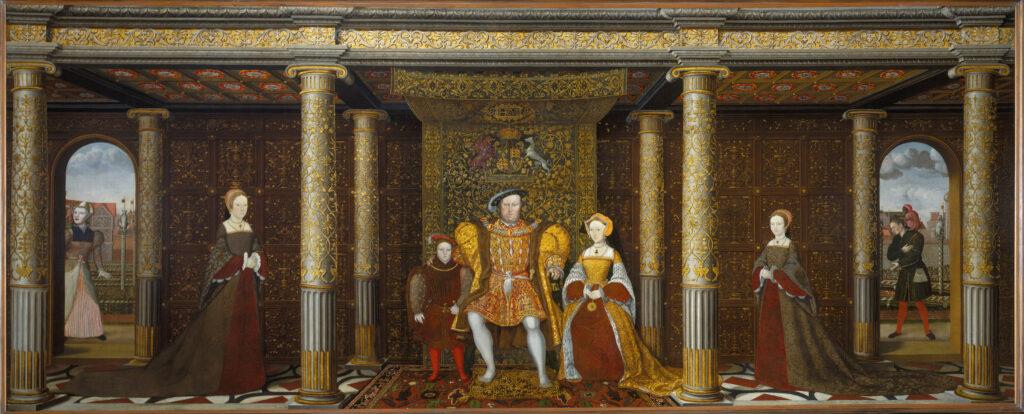 Henry VIII and his family. Features:  'Mother Jak', Lady Mary, Prince Edward, Henry VIII, Jane Seymour(posthumous), Lady Elizabeth and Will Somers. There is another female figure on the left. 