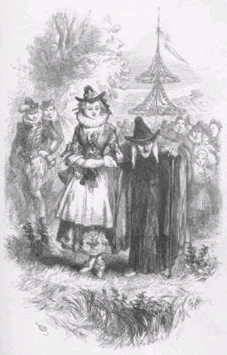Illustration of Ann Redferne and Chattox, one appearing to possess the suspected characteristics of a witch. 