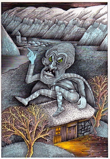 John Vernon Lord, illustration of Glámr riding roofs in ‘Icelandic Sagas’ 2, The Folio Society, 2002.